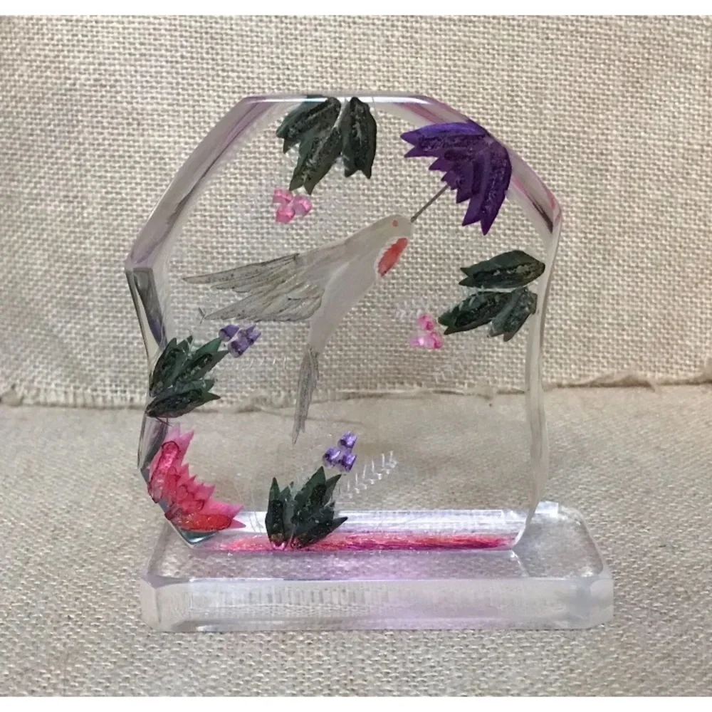 Vintage Floral Hummingbird Lucite Acrylic Paperweight Reverse Carving Fairy Core